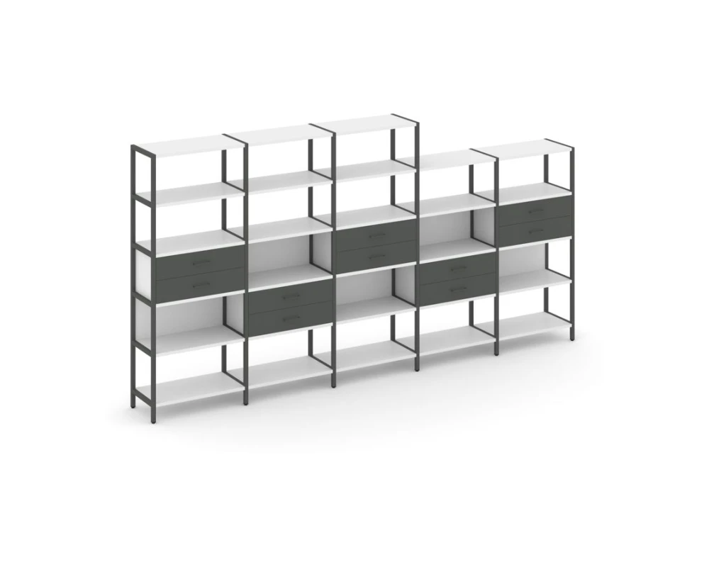 Пятисекционный стеллаж пятиярусный с ящиками 3930х400х1980 Шелф Систем / Shelf System