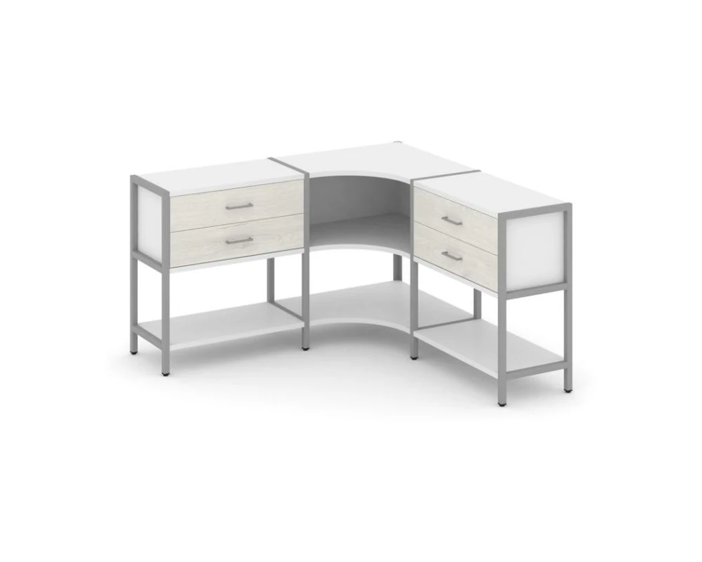 Трехсекционный угловой стеллаж двухярусный с ящиками 1590х1590х879 Шелф Систем / Shelf System