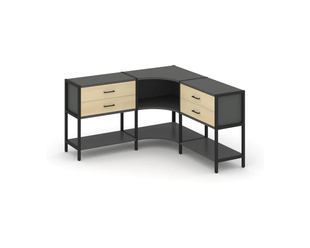 Трехсекционный угловой стеллаж двухярусный с ящиками 1590х1590х879 Шелф Систем / Shelf System