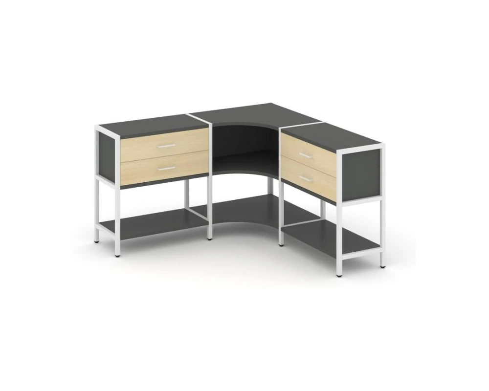 Трехсекционный угловой стеллаж двухярусный с ящиками 1590х1590х879 Шелф Систем / Shelf System