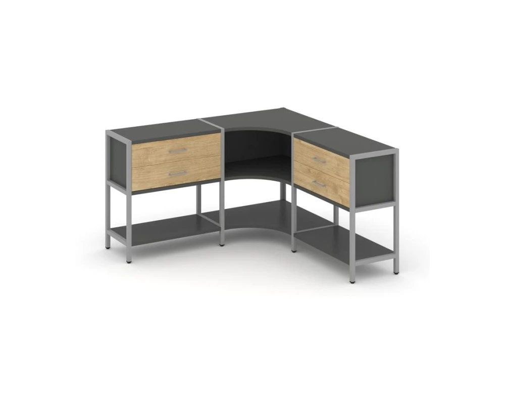 Трехсекционный угловой стеллаж двухярусный с ящиками 1590х1590х879 Шелф Систем / Shelf System